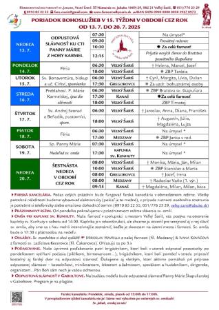 Poriadok bohoslužieb a farské oznamy v 15. týždni obdobia Cez rok od 13. 7. do 20. 7. 2025