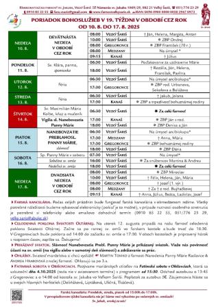 Poriadok bohoslužieb a farské oznamy v 19. týždni obdobia Cez rok od 10. 8. do 17. 8. 2025