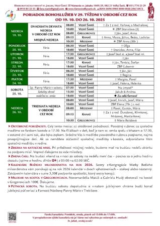 Poriadok bohoslužieb a farské oznamy v 29. týždni obdobia Cez rok od 19. 10. do 26. 10. 2025