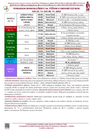 Poriadok bohoslužieb a farské oznamy v 34. týždni obdobia Cez rok od 23. 11. do 30. 11. 2025