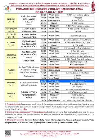 Poriadok bohoslužieb a farské oznamy v oktáve Narodenia Pána od 28. 12. 2025 do 4. 1. 2026