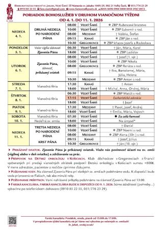 Poriadok bohoslužieb a farské oznamy v 2. týždni po Narodení Pána od 4. 1.  2026 do 11. 1. 2026