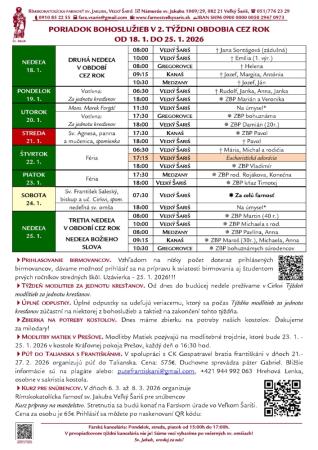 Poriadok bohoslužieb a farské oznamy v 2. týždni obdobia Cez rok od 18. 1. 2026 do 25. 1. 2026