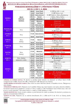 Poriadok bohoslužieb a farské oznamy v 1. pôstnom týždni od 22. 2. 2026 do 1. 3. 2026