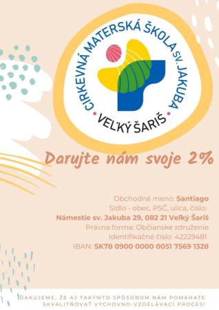 2% z daní pre Cirkevnú materskú školu sv. Jakuba vo Veľkom Šariši