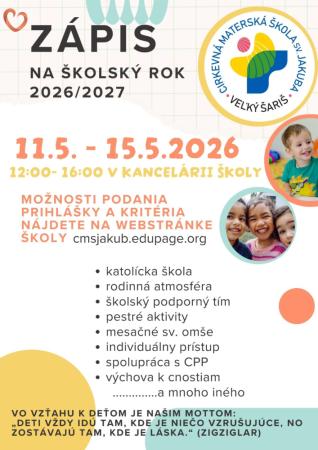 Zápis do Cirkevnej materskej školy sv. Jakuba Veľký Šariš
