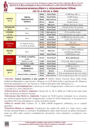 Poriadok bohoslužieb a farské oznamy v 3. veľkonočnom týždni od 19. 4. 2026 do 26. 4. 2026