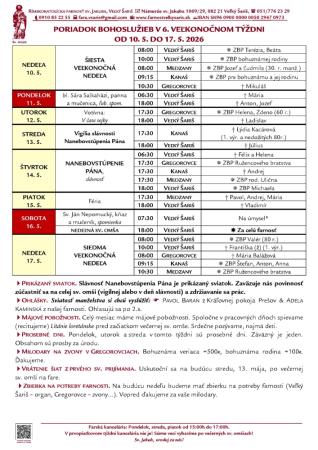 Poriadok bohoslužieb a farské oznamy v 6. veľkonočnom týždni od 10. 5. 2026 do 17. 5. 2026