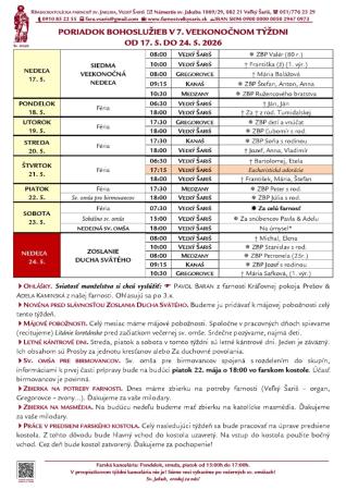 Poriadok bohoslužieb a farské oznamy v 7. veľkonočnom týždni od 17. 5. 2026 do 24. 5. 2026