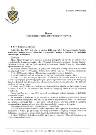 Menovanie nového arcibiskupa pre Košickú arcidiecézu